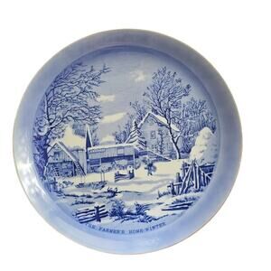 Currier & Ives 8" Blue White “The Farmer's Home- Winter” Plate Vintage